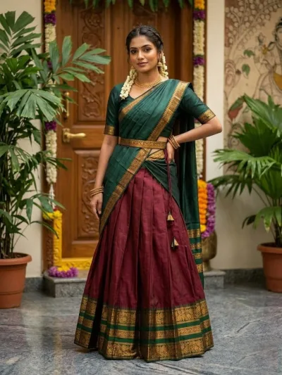Rani Pink with Green Cotton Silk Lehenga